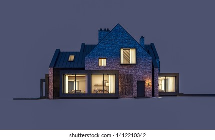 3d Rendering Of Modern Cozy Clinker House On The Ponds With Garage And Pool For Sale Or Rent In Night With Cozy Light From Window. Isolated On Gray