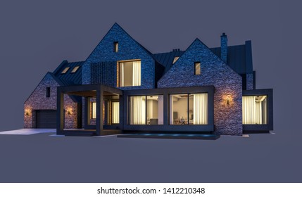 3d Rendering Of Modern Cozy Clinker House On The Ponds With Garage And Pool For Sale Or Rent In Night With Cozy Light From Window. Isolated On Gray