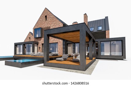 3d Rendering Of Modern Cozy Clinker House On The Ponds With Garage And Pool For Sale Or Rent. Isolated On White