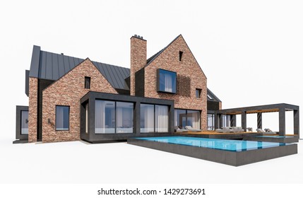 3d Rendering Of Modern Cozy Clinker House On The Ponds With Garage And Pool For Sale Or Rent. Isolated On White