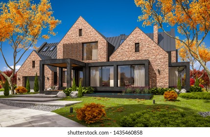 3d rendering of modern cozy clinker house on the ponds with garage and pool for sale or rent with beautiful landscaping on background. Clear sunny autumn day with golden leafs anywhere.
