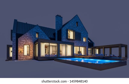 3d Rendering Of Modern Cozy Clinker House On The Ponds With Garage And Pool For Sale Or Rent In Night With Cozy Light From Window. Isolated On Gray