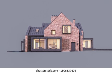 3d Rendering Of Modern Cozy Clinker House On The Ponds With Garage And Pool For Sale Or Rent In Evening With Cozy Light From Window. Isolated On Gray