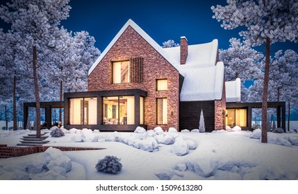 3D Rendering von modernem, gemütlichem Haus auf den Teichen mit Garage und Pool zum Verkauf oder zu vermieten mit schöner Landschaft auf dem Hintergrund. Gemütliche Winternacht mit warmem, gemütlichem Licht im Inneren.