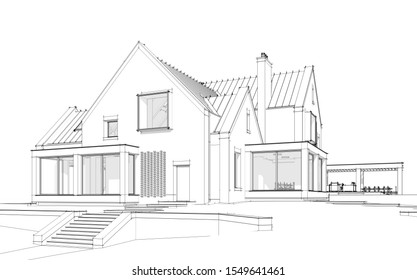 3d Rendering Of Modern Cozy Clinker House On The Ponds With Garage And Pool For Sale Or Rent. Black Line Sketch With Soft Light Shadows On White Background