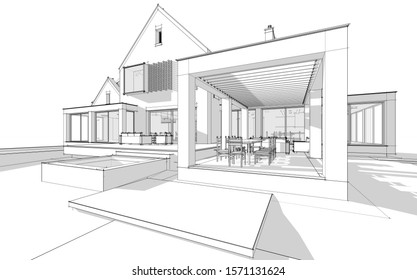 3d Rendering Of Modern Cozy Clinker House On The Ponds With Garage And Pool For Sale Or Rent. Black Line Sketch With Soft Light Shadows On White Background