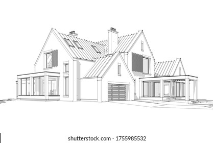 3d Rendering Of Modern Cozy Clinker House On The Ponds With Garage And Pool For Sale Or Rent. Black Line Sketch With Soft Light Shadows On White Background