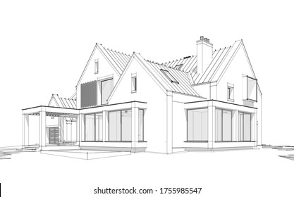 3d Rendering Of Modern Cozy Clinker House On The Ponds With Garage And Pool For Sale Or Rent. Black Line Sketch With Soft Light Shadows On White Background