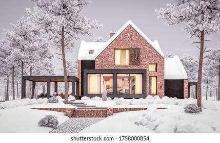 3D Rendering von modernem, gemütlichem Haus auf den Teichen mit Garage und Pool zum Verkauf oder zu vermieten mit schöner Landschaft auf dem Hintergrund. Kühle Winterabende mit warmem, gemütlichem Licht im Inneren.