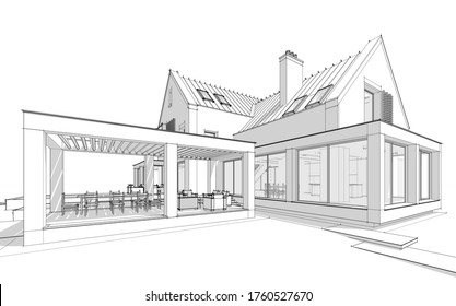 3d Rendering Of Modern Cozy Clinker House On The Ponds With Garage And Pool For Sale Or Rent. Black Line Sketch With Soft Light Shadows On White Background