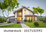 3d rendering of modern cozy house in chalet style with garage for sale or rent with large garden and lawn. Clear summer evenig with soft sky. Cozy warm light from window