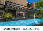 3d rendering of modern cozy house with parking and pool for sale or rent with wood plank facade and beautiful landscaping on background. Clear sunny summer day with blue sky.