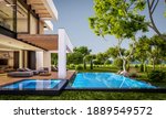 3d rendering of modern cozy house with pool and parking for sale or rent in luxurious style and beautiful landscaping on background. Clear summer evening with cozy light from window