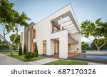 3d rendering of modern cozy house with garage for sale or rent with many grass on lawn. Clear summer evening with soft sky. Cozy warm light from window