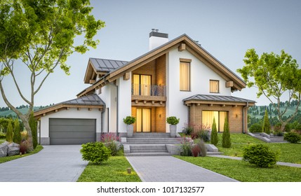 3d Rendering Of Modern Cozy House In Chalet Style With Garage For Sale Or Rent With Large Garden And Lawn. Clear Summer Evenig With Soft Sky. Cozy Warm Light From Window