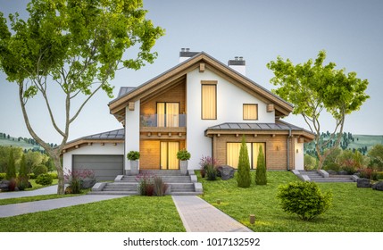 3d Rendering Of Modern Cozy House In Chalet Style With Garage For Sale Or Rent With Large Garden And Lawn. Clear Summer Evenig With Soft Sky. Cozy Warm Light From Window