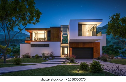 3d Rendering Of Modern Cozy House By The River With Garage For Sale Or Rent With Beautiful Mountains On Background. Clear Summer Night With Stars On The Sky. Cozy Warm Light From Window.