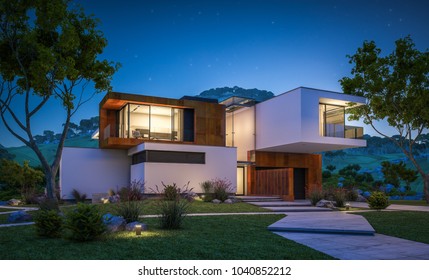 3d Rendering Of Modern Cozy House By The River With Garage For Sale Or Rent With Beautiful Mountains On Background. Clear Summer Night With Stars On The Sky. Cozy Warm Light From Window.