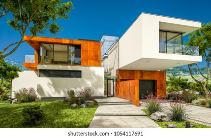 3d rendering of modern cozy house by the river with garage for sale or rent with beautiful mountains on background. Clear sunny summer day with blue sky. - Shutterstock ID 1054117691