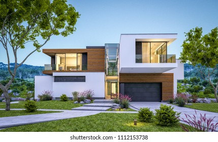 3d rendering of modern cozy house by the river with garage for sale or rent with beautiful mountains on background. Clear summer evening with blue sky. Cozy warm light from window. - Shutterstock ID 1112153738