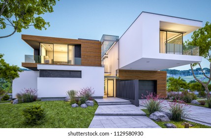 3d rendering of modern cozy house by the river with garage for sale or rent with beautiful mountains on background. Clear summer evening with blue sky. Cozy warm light from window. - Shutterstock ID 1129580930