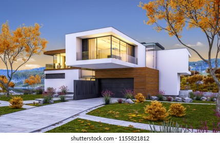 3d Rendering Of Modern Cozy House By The River With Garage For Sale Or Rent With Beautiful Mountains On Background. Cool Autumn Evening With Soft Light From Window.