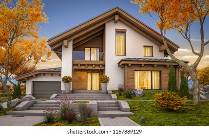 3d Rendering Of Modern Cozy House In Chalet Style With Garage For Sale Or Rent With Large Garden And Lawn. Cool Autumn Evening With Soft Light From Window.