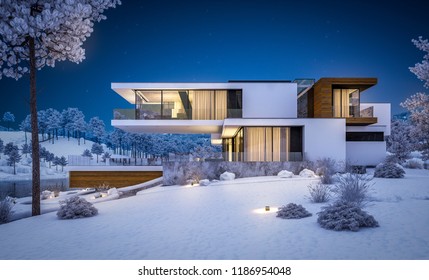 3d Rendering Of Modern Cozy House By The River With Garage. Cool Winter Night With Cozy Warm Light From Windows. For Sale Or Rent With Beautiful Mountains On Background.