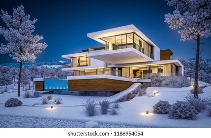 3d Rendering Of Modern Cozy House By The River With Garage. Cool Winter Night With Cozy Warm Light From Windows. For Sale Or Rent With Beautiful Mountains On Background.