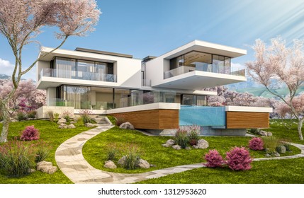 3d Rendering Of Modern Cozy House By The River With Garage. Fresh Spring Day With A Blooming Garden. For Sale Or Rent With Flowers Of Sakura On Background.