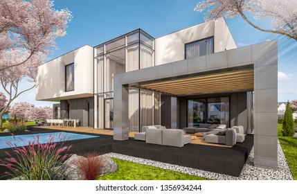 3d Rendering Of Modern Cozy House In The Garden With Garage. Fresh Spring Day With A Blooming Trees. For Sale Or Rent With Flowers Of Sakura On Background.