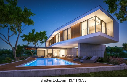 3d rendering of modern cozy house on the hill with garage and pool for sale or rent with beautiful landscaping on background. Clear summer night with many stars on the sky.