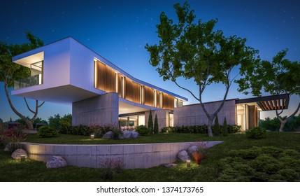 3d Rendering Of Modern Cozy House On The Hill With Garage And Pool For Sale Or Rent With Beautiful Landscaping On Background. Clear Summer Night With Many Stars On The Sky.