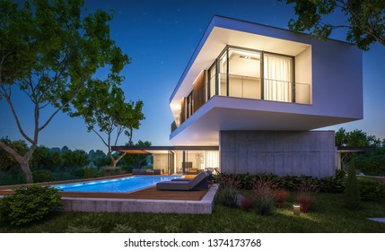 3d Rendering Of Modern Cozy House On The Hill With Garage And Pool For Sale Or Rent With Beautiful Landscaping On Background. Clear Summer Night With Many Stars On The Sky.