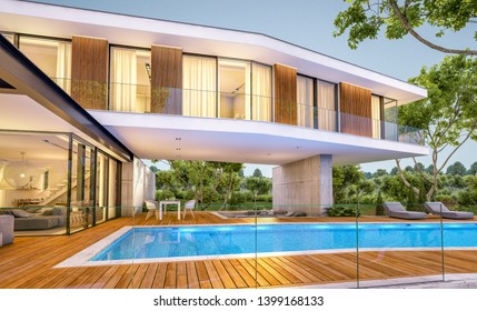 3d Rendering Of Modern Cozy House On The Hill With Garage And Pool For Sale Or Rent With Beautiful Landscaping On Background. Clear Summer Evening With Cozy Light From Window.