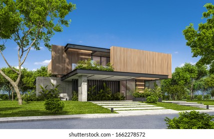 3d rendering of modern cozy house with parking and pool for sale or rent with wood plank facade and beautiful landscaping on background. Clear sunny summer day with blue sky.