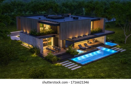 3d rendering of modern cozy house with parking and pool for sale or rent with wood plank facade and beautiful landscaping on background. Clear summer night with many stars on the sky.