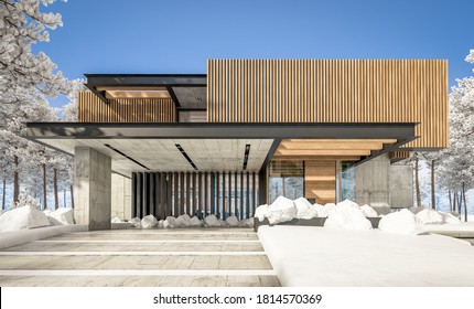 3d Rendering Of Modern Cozy House With Parking And Pool For Sale Or Rent With Wood Plank Facade And Beautiful Landscaping On Background. Cool Winter Day With Shiny White Snow.