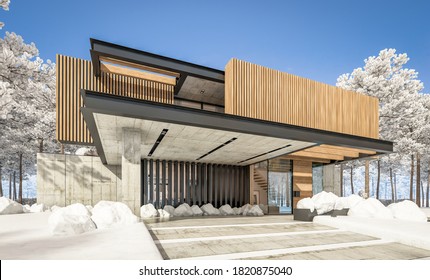 3d Rendering Of Modern Cozy House With Parking And Pool For Sale Or Rent With Wood Plank Facade And Beautiful Landscaping On Background. Cool Winter Day With Shiny White Snow.