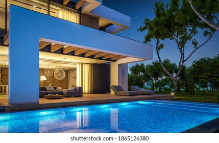 3d Rendering Of Modern Cozy House With Pool And Parking For Sale Or Rent In Luxurious Style And Beautiful Landscaping On Background. Clear Summer Night With Many Stars On The Sky.