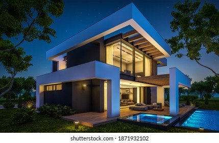 3d Rendering Of Modern Cozy House With Pool And Parking For Sale Or Rent In Luxurious Style And Beautiful Landscaping On Background. Clear Summer Night With Many Stars On The Sky.