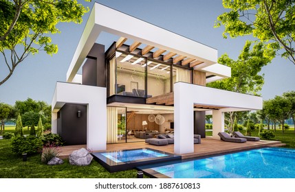 3d Rendering Modern Cozy House By Stock Illustration 1134615482