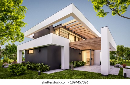 3d Rendering Of Modern Cozy House With Pool And Parking For Sale Or Rent In Luxurious Style And Beautiful Landscaping On Background. Clear Summer Evening With Cozy Light From Window