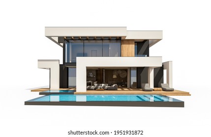 3d rendering of modern cozy house with pool and parking for sale or rent in luxurious style. Isolated on white