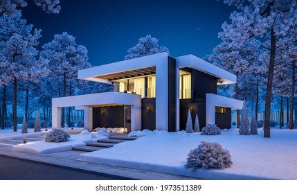 3d Rendering Of Modern Cozy House With Pool And Parking For Sale Or Rent In Luxurious Style And Beautiful Landscaping On Background. Cool Winter Night With Stars In Sky.