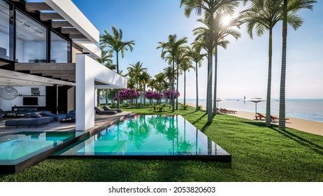 3d Rendering Of Modern Cozy House With Pool And Parking For Sale Or Rent In Luxurious Style By The Sea Or Ocean. Sunny Day By The Azure Coast With Palm Trees And Flowers In Tropical Island