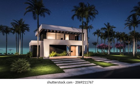 3d Rendering Of Modern Cozy House With Pool And Parking For Sale Or Rent In Luxurious Style By The Sea Or Ocean. Starlight Night By The Azure Coast With Palm Trees And Flowers In Tropical Island