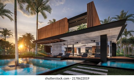 3d rendering of modern cozy house with parking and pool for sale or rent with wood plank facade by the sea or ocean. Sunset evening by the azure coast with palm trees and flowers in tropical island