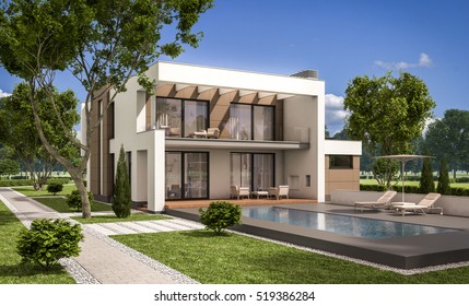 3d rendering of modern cozy house with garage for sale or rent with large garden and lawn. Clear sunny summer day with cloudless sky.