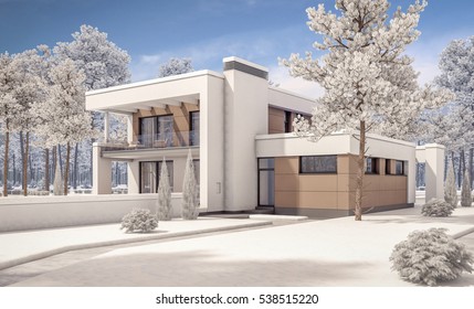 3d Rendering Of Modern Cozy House With Garage For Sale Or Rent With Many Snow On Lawn. Clear Sunny Winter Day With Cloudless Sky.